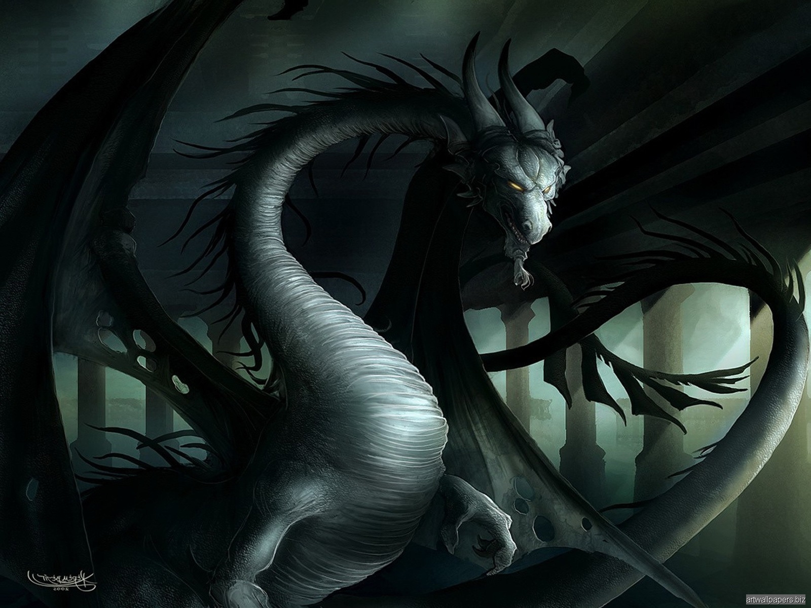 Dragons Paintings, Dragons Art, Dragons Wallpapers, - Black Dragon Yellow Eyes , HD Wallpaper & Backgrounds