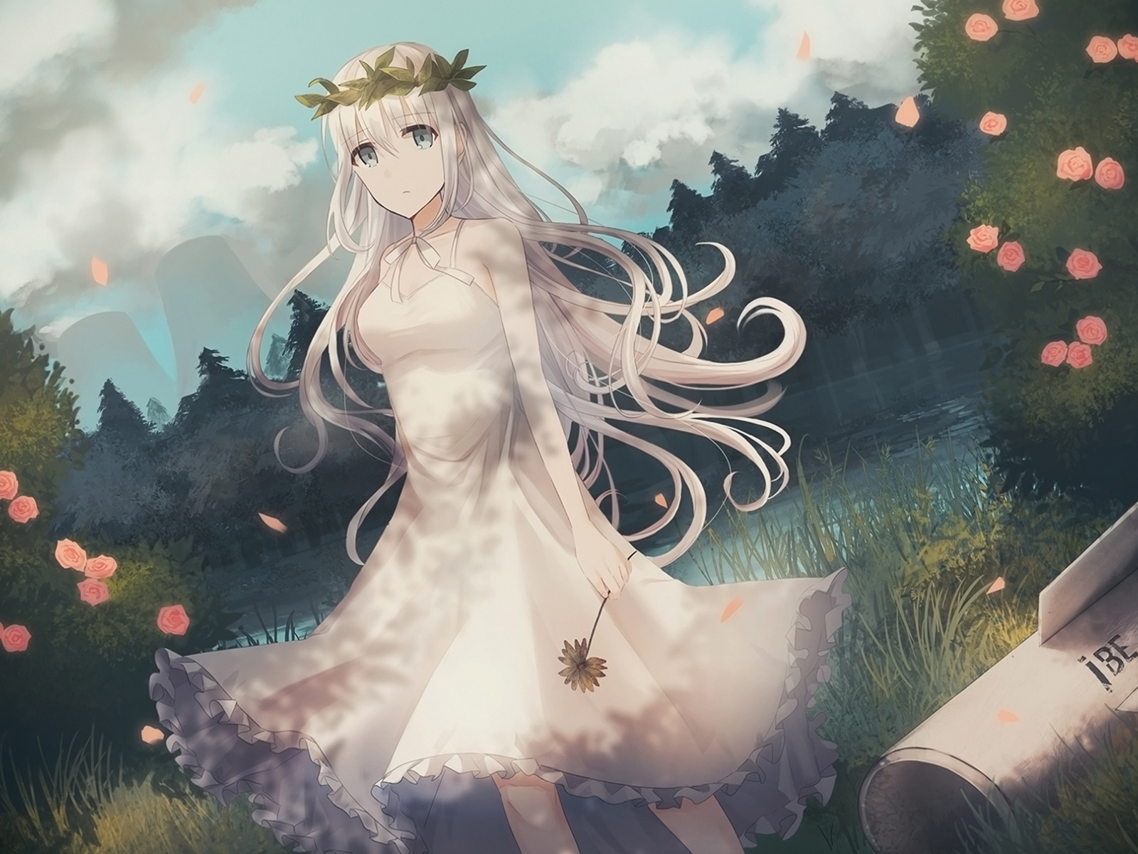 Wallpaper White Hairs, Anime Girl, Flower Crown, Outdoor - Anime Girl With Flower Crown , HD Wallpaper & Backgrounds