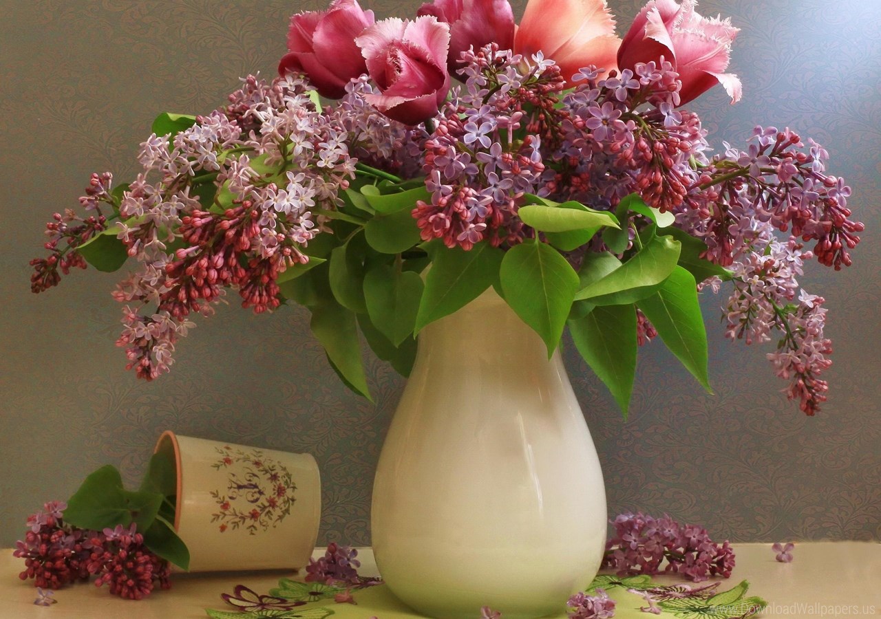 Flower, Lilacs, Napkin, Petals, Spring, Tulips, Vase - Tulipany I Bzy , HD Wallpaper & Backgrounds