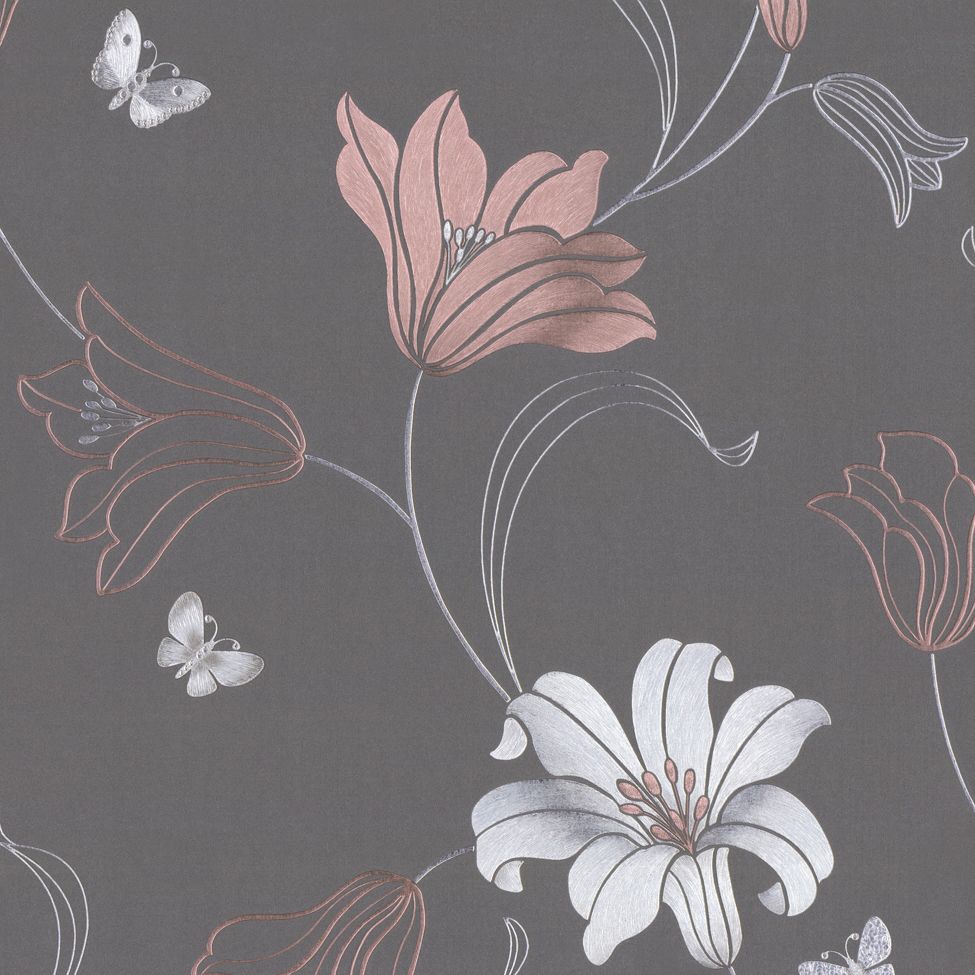 Muriva Couture Amelia Floral Vinyl Wallpaper - Gray And Rose Gold , HD Wallpaper & Backgrounds