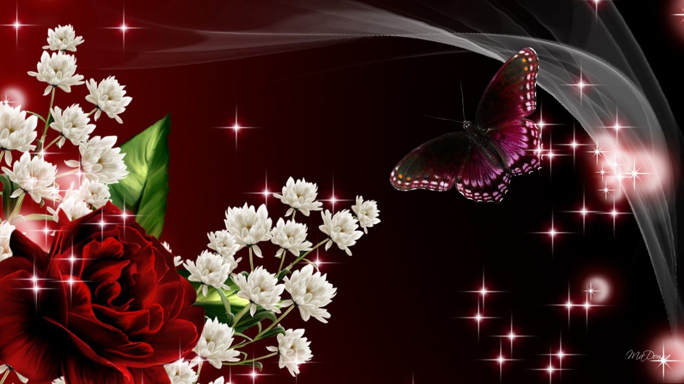 Roses Red Flowers Butterfly Firefox Persona Silk Dark - Red Flowers And Butterflies , HD Wallpaper & Backgrounds