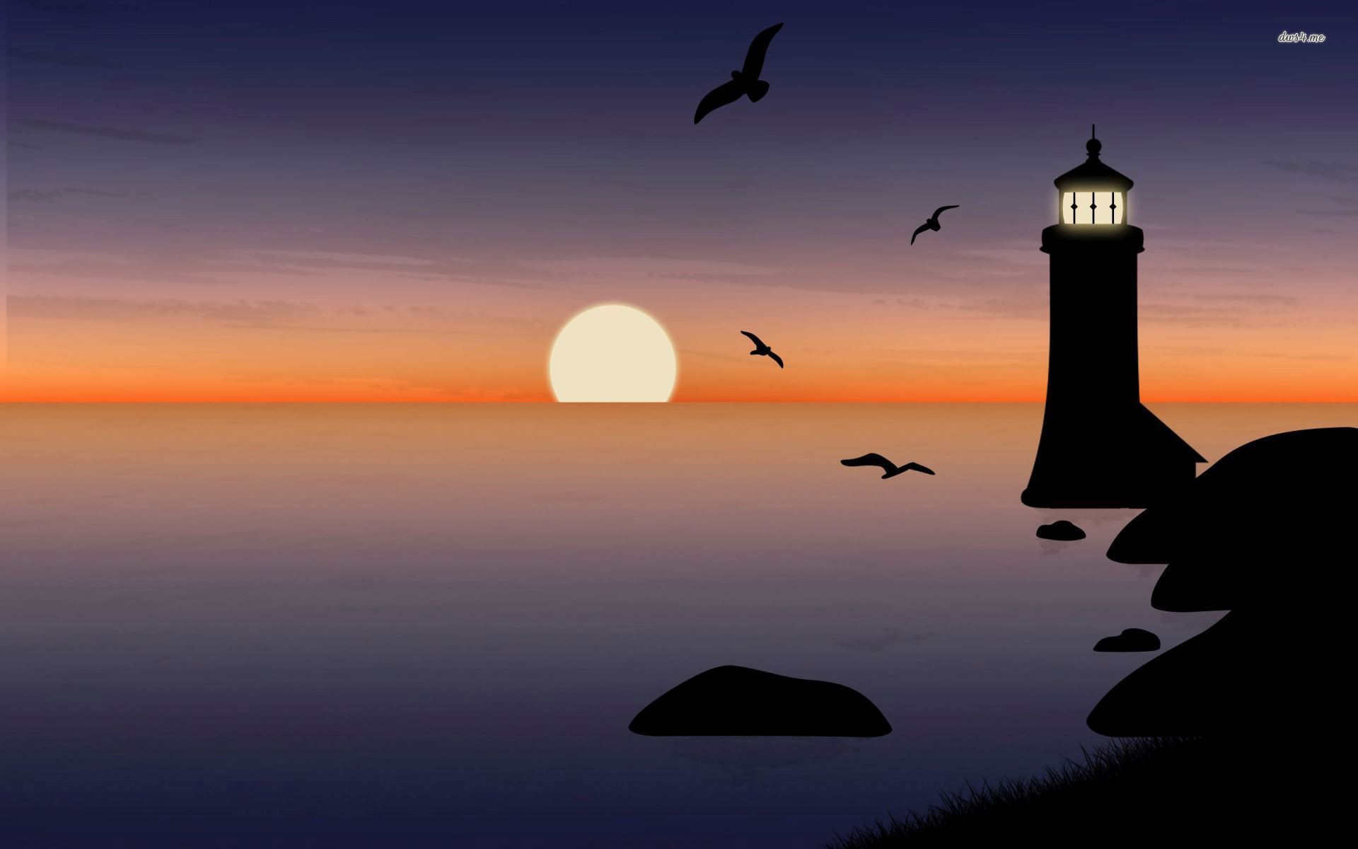 Lighthouse On Sunset Wallpaper - Sunset Vector Full Hd , HD Wallpaper & Backgrounds