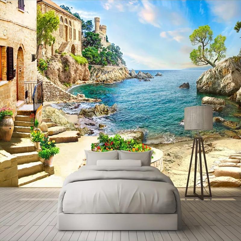 Custom 3d Photo Wallpaper Castle Garden Sea View - Paintings Castles Landscapes Gardens , HD Wallpaper & Backgrounds