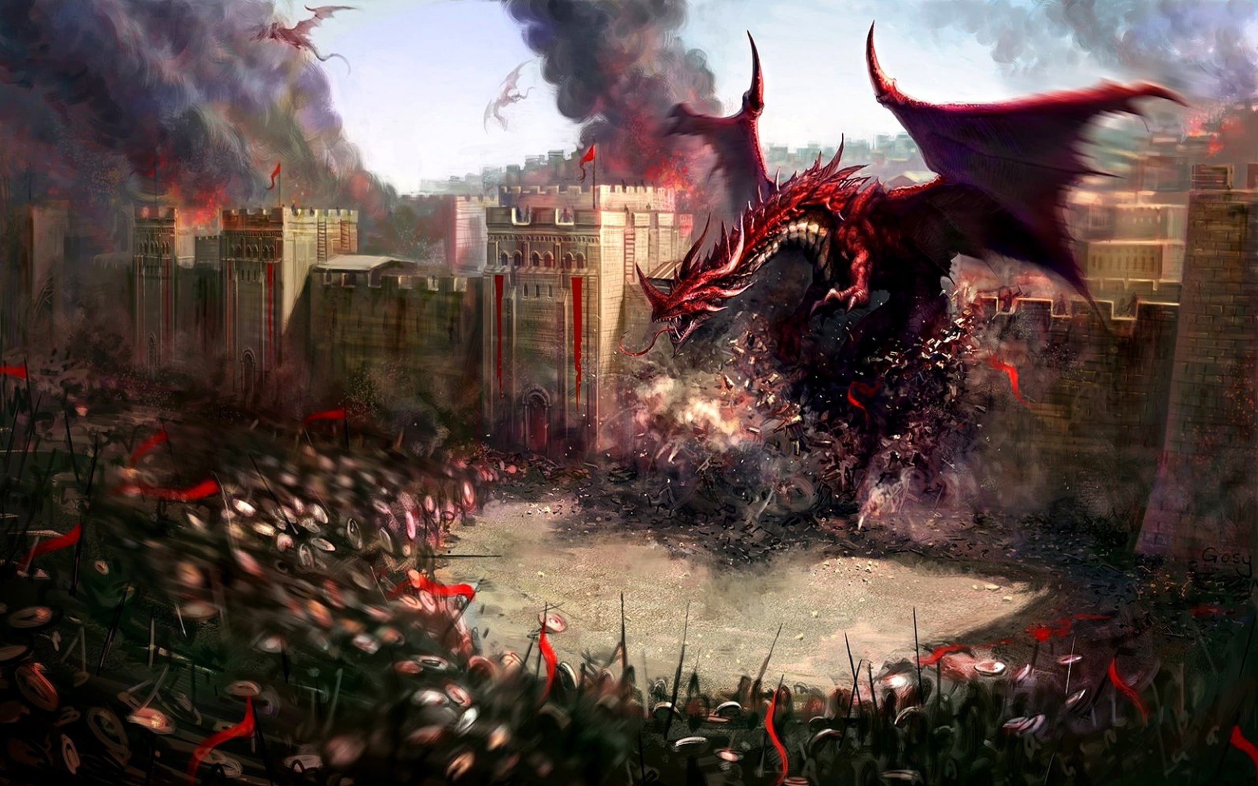 Red Dragon Destroyed The Castle Wall In Front Of Soldier - D&d Wallpaper Hd , HD Wallpaper & Backgrounds