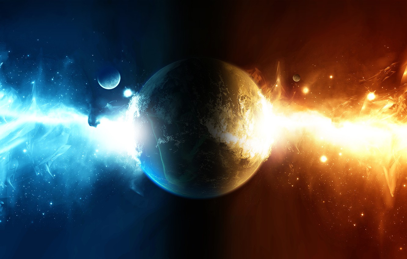 Photo Wallpaper Fire, Red, Blue, Planet, Sci Fi - Fire And Ice Space , HD Wallpaper & Backgrounds