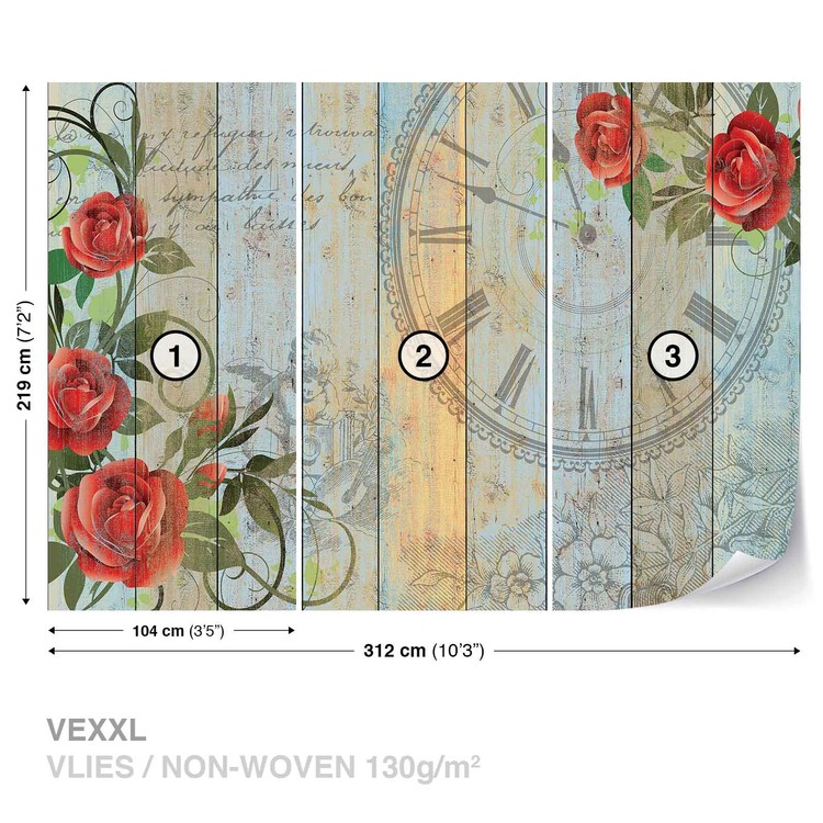 Roses Clock Wood Planks Vintage Wallpaper Mural - Garden Roses , HD Wallpaper & Backgrounds