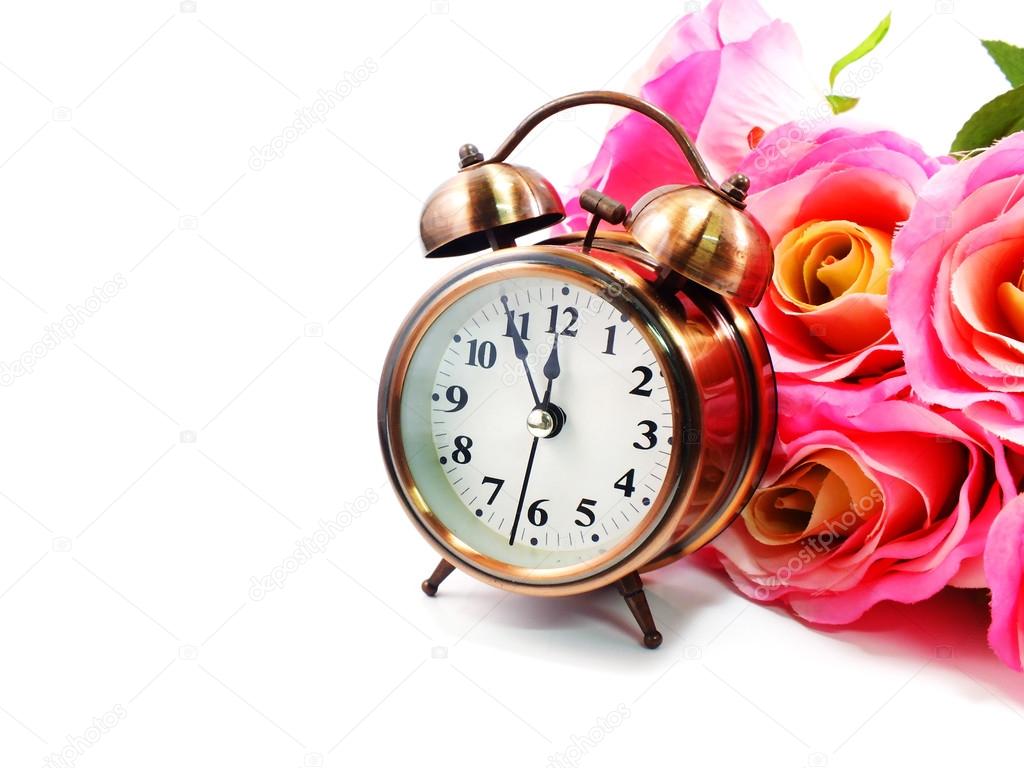 Alarm Clock With Rose Vintage Flower Background Stock - Clock And Flowers Background , HD Wallpaper & Backgrounds
