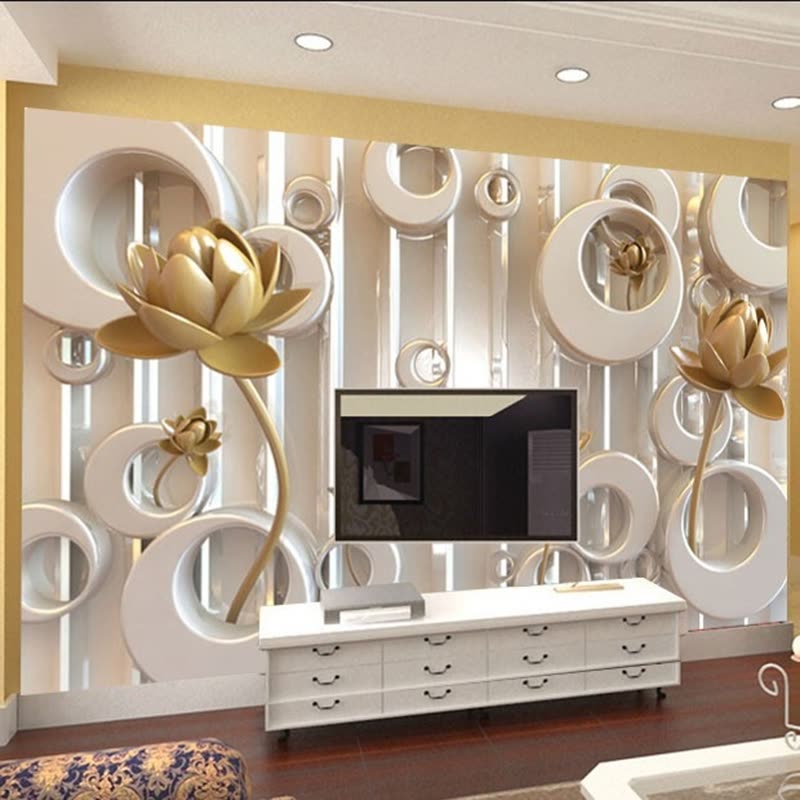 3d Wall Mural Stereoscopic Golden Lotus Ring Cycle - Tv Unit Design For Living Room , HD Wallpaper & Backgrounds