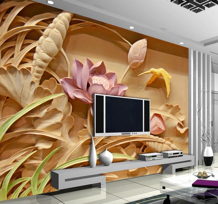 Beibehang Custom Wallpaper Relief Wood Carving Lotus - 3d Murals Floral , HD Wallpaper & Backgrounds