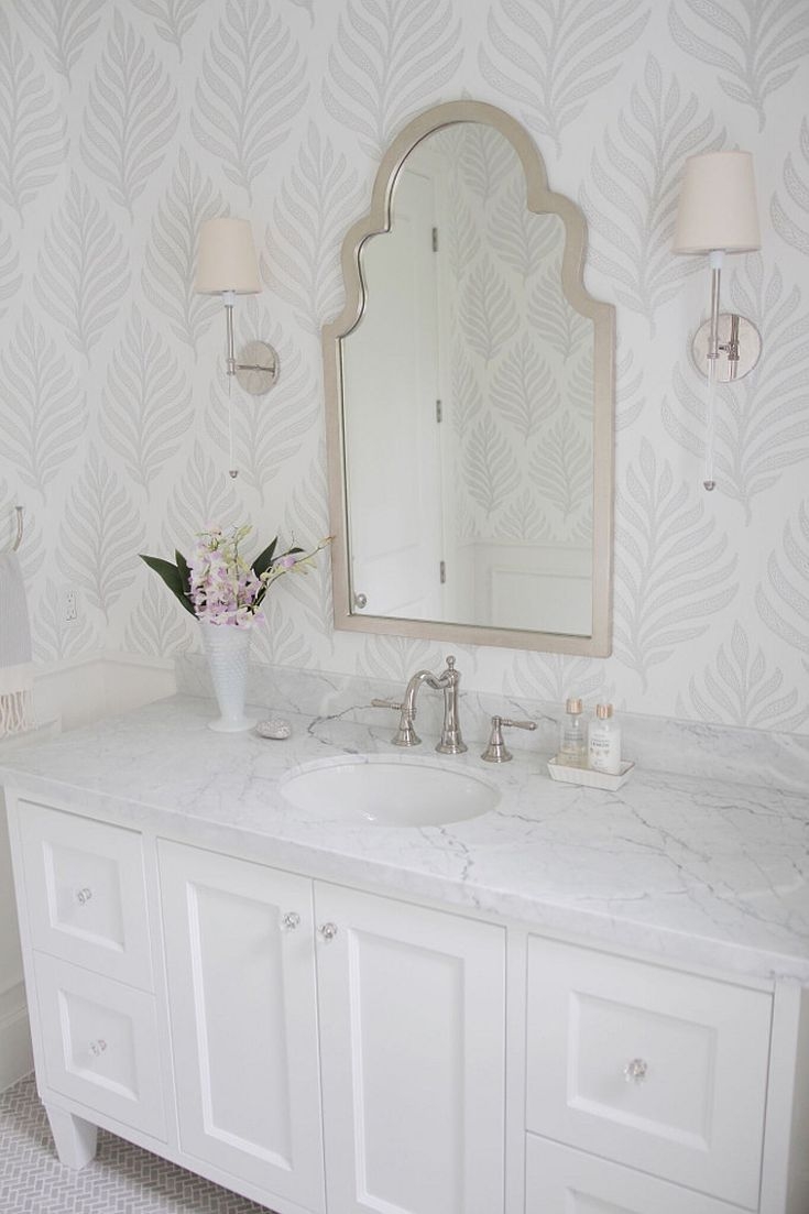 20 Beautiful Wallpapered Bathrooms - White Wallpaper Powder Room , HD Wallpaper & Backgrounds