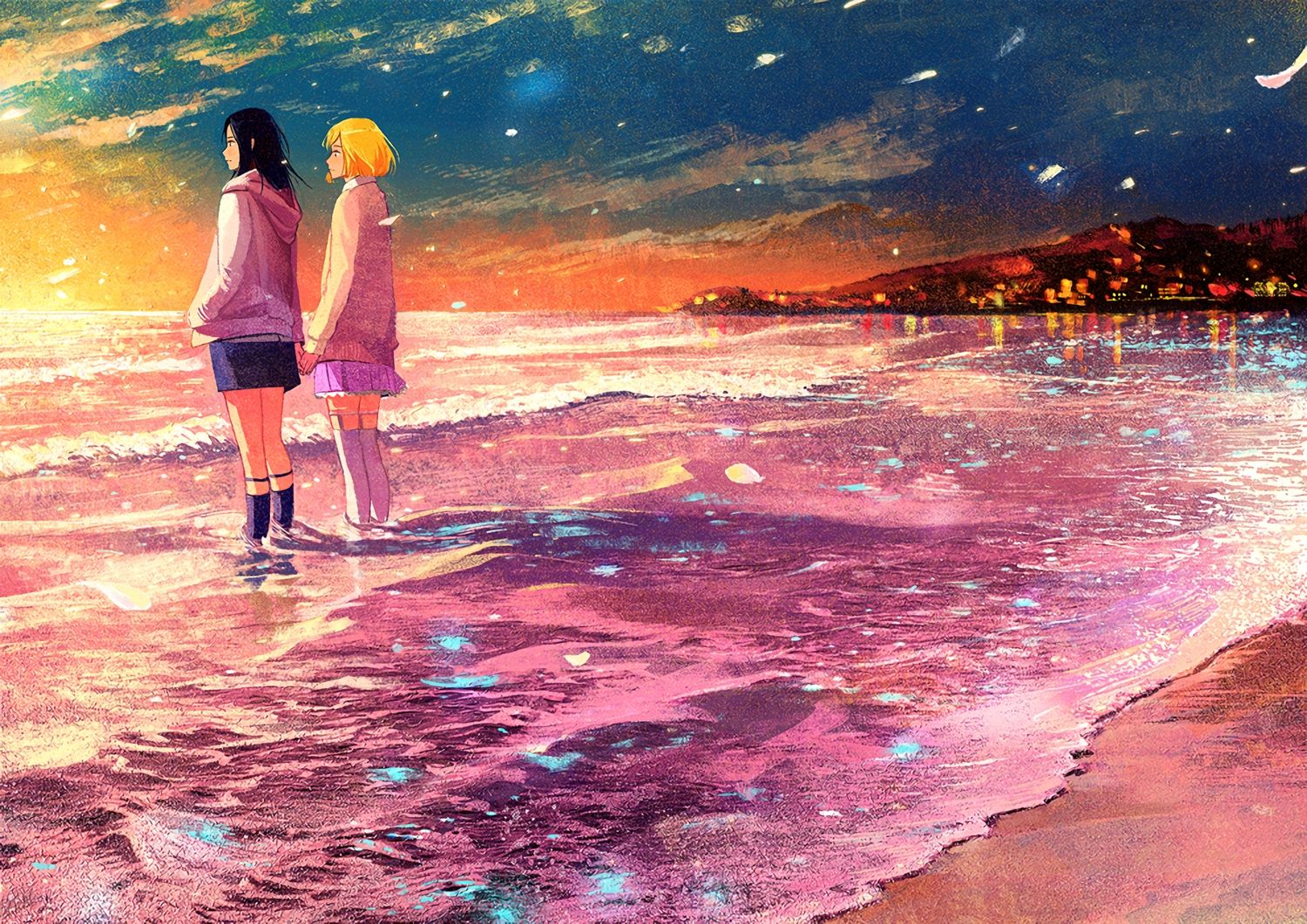 2girls Beach Gemi Original Scenic Shoujo Ai Sunset - Anime Girl Beach Sunset , HD Wallpaper & Backgrounds