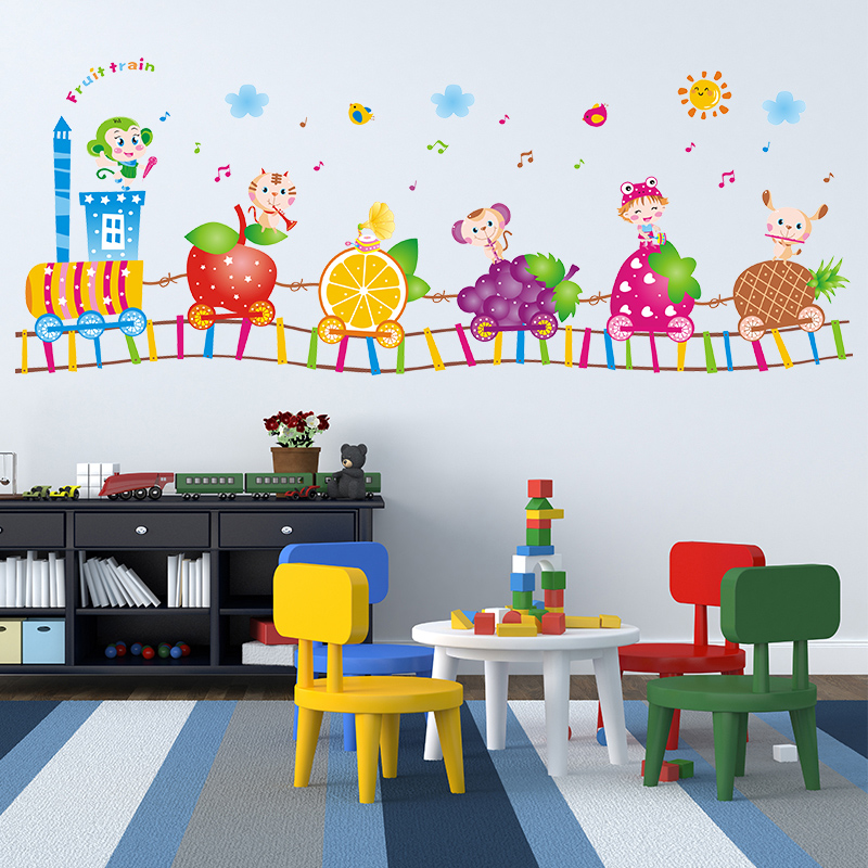 Buy Fruit Cartoon Train Kindergarten Childrens Room - Train Decoration For Wall , HD Wallpaper & Backgrounds