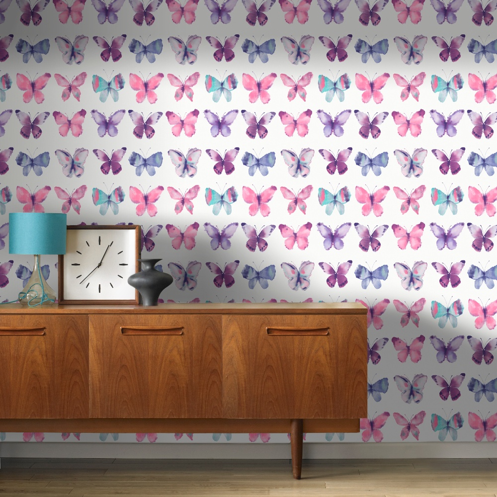 Rasch Butterfly Pattern Water Coloured Canvas Motif - Purple And Silver Wallpaper Bedroom , HD Wallpaper & Backgrounds