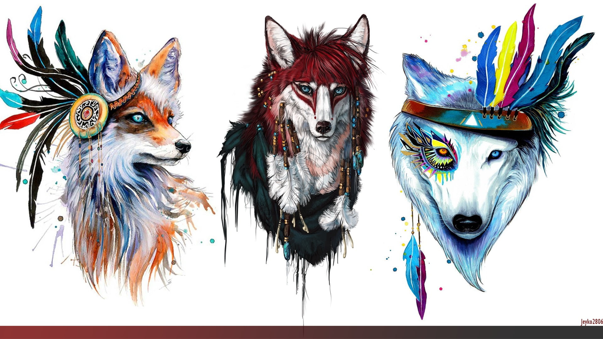 Three Wolves Abstract Painting, Wolf, Collage, Animals, - Native American Fox Tattoo , HD Wallpaper & Backgrounds