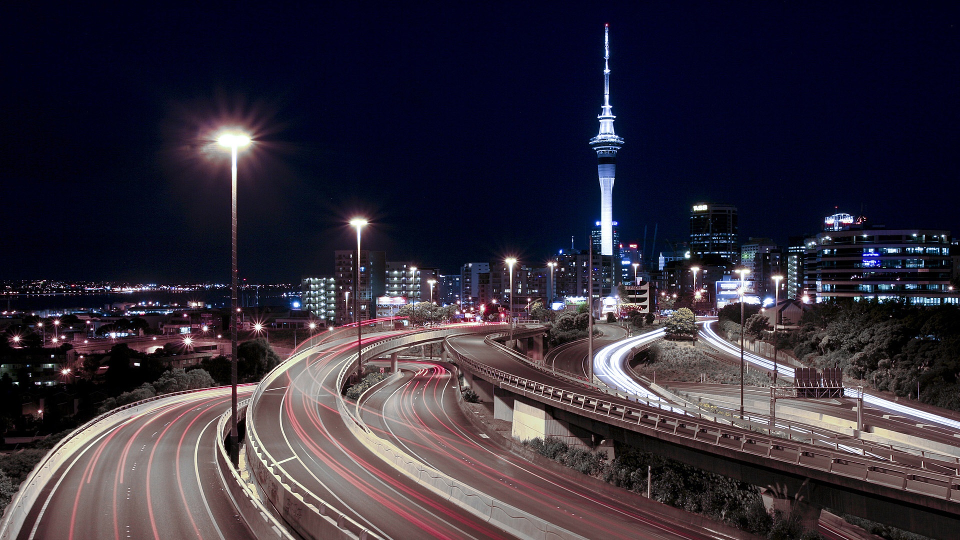 Full Hd Wallpaper Highway Sky Tower Night Auckland - Spaghetti Junction , HD Wallpaper & Backgrounds