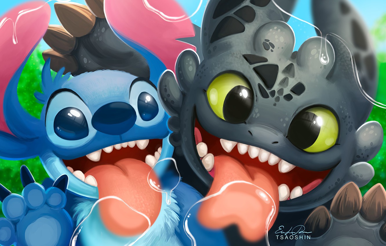 Photo Wallpaper Kawaii, Alien, Cartoon, Crossover, - Cute Toothless And Stitch , HD Wallpaper & Backgrounds