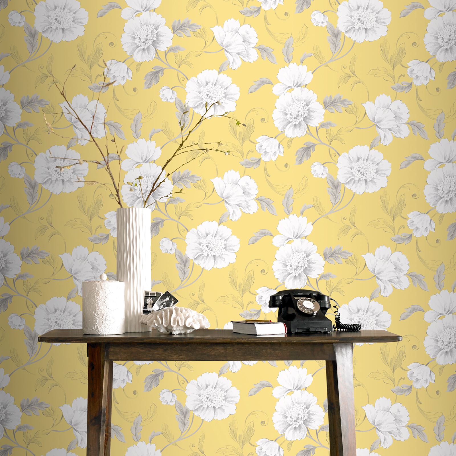 Boutique Floral Wallpaper Yellow - Yellow Wallpaper Feature Wall , HD Wallpaper & Backgrounds