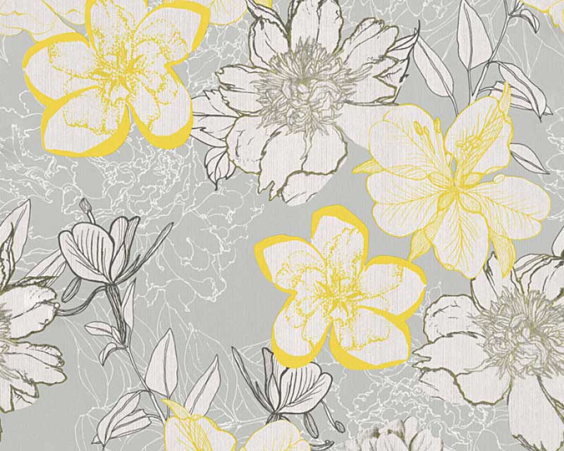 Wallpaper Flowers Gloss Grey Yellow As Creation 32798-2 - Wallpaper , HD Wallpaper & Backgrounds