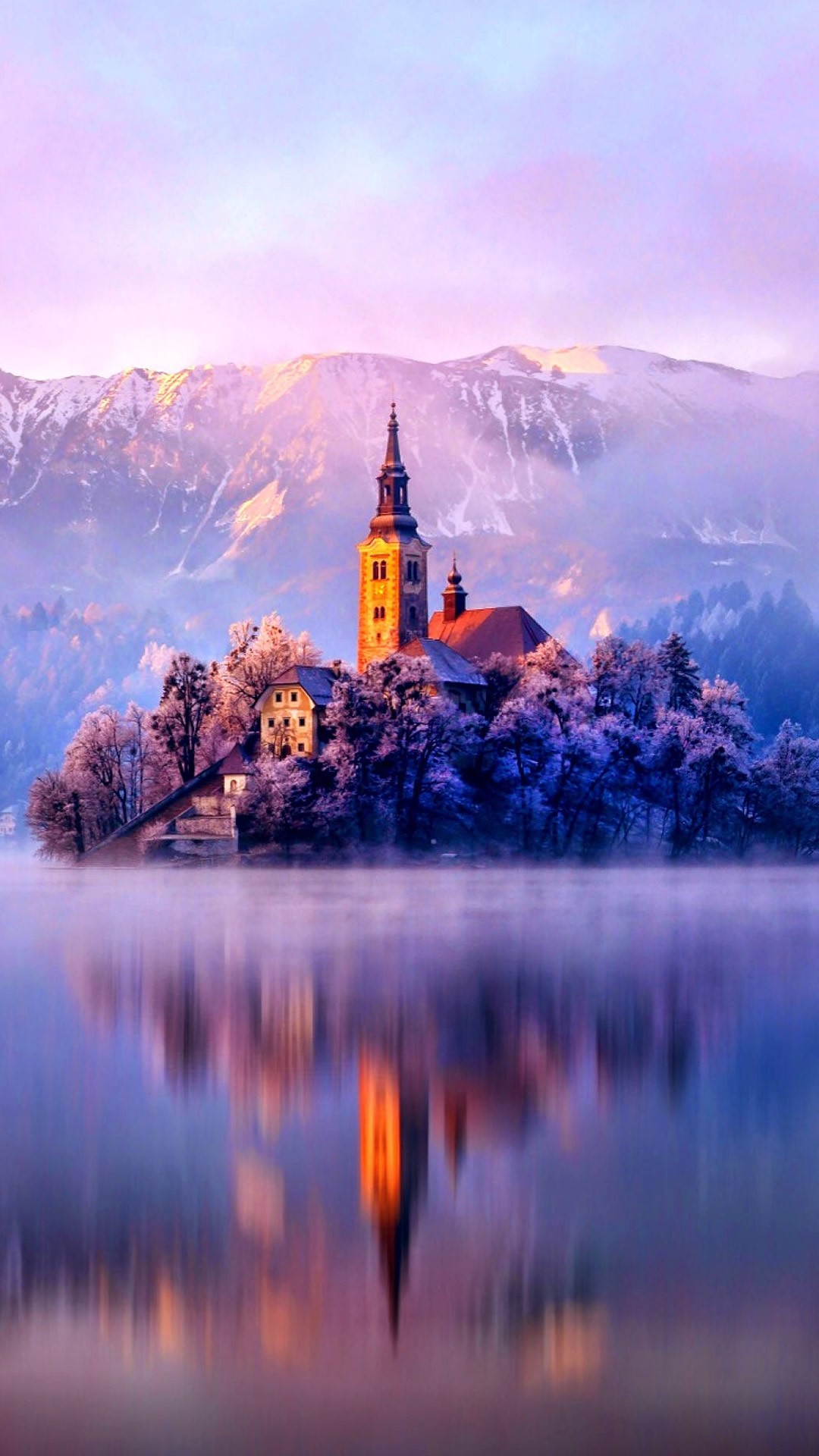 Winter Church Island Iphone Minimalist Wallpaper - Lake Bled At Sunset , HD Wallpaper & Backgrounds