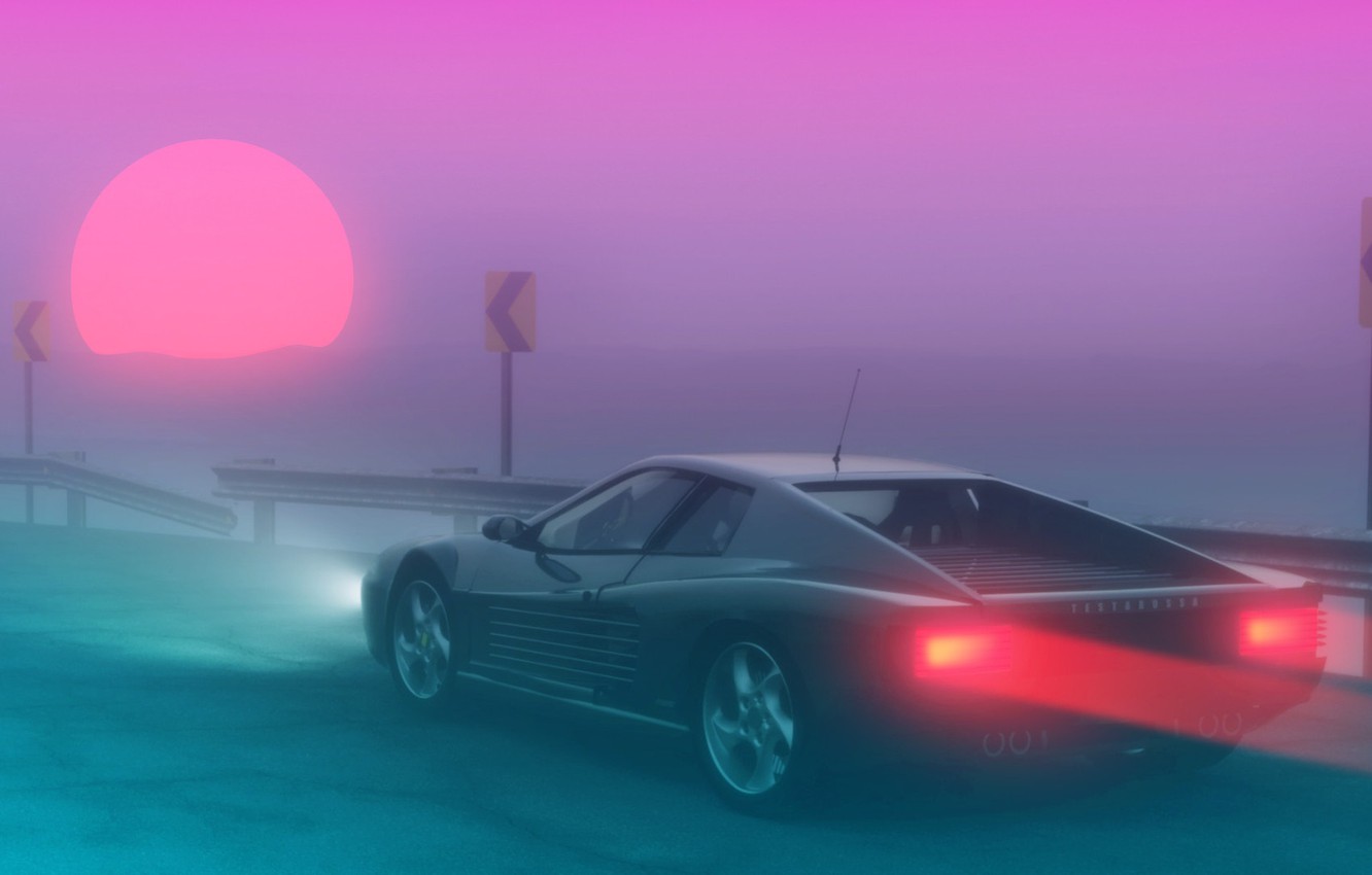 Photo Wallpaper The Sun, Fog, Ferrari, 80s, Neon, Summer, - Ferrari Retrowave , HD Wallpaper & Backgrounds