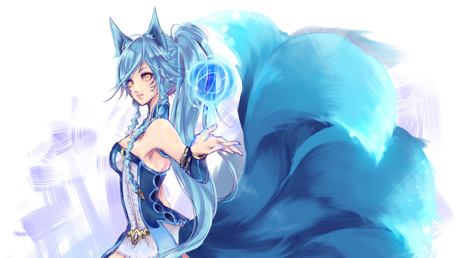 Awesome Ahri Free Wallpaper Id - Nine Tail Fox Girl Anime , HD Wallpaper & Backgrounds