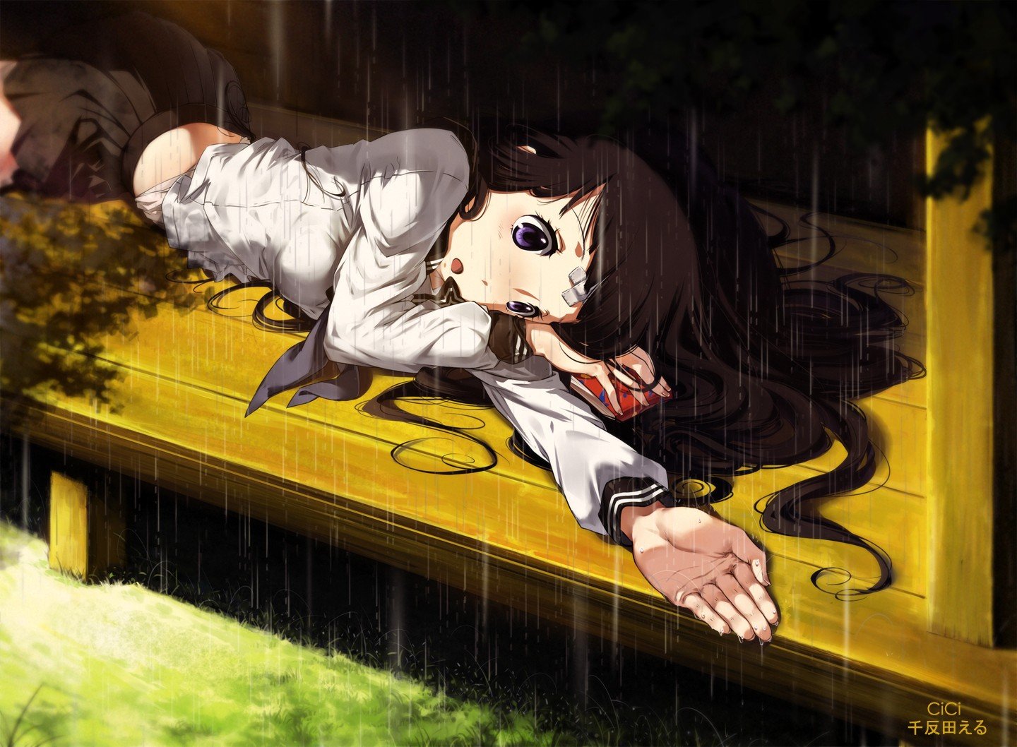 Anime Girls, Purple Eyes, Chitanda Eru, Hyouka Hd Wallpapers - Laying Down In Rain , HD Wallpaper & Backgrounds