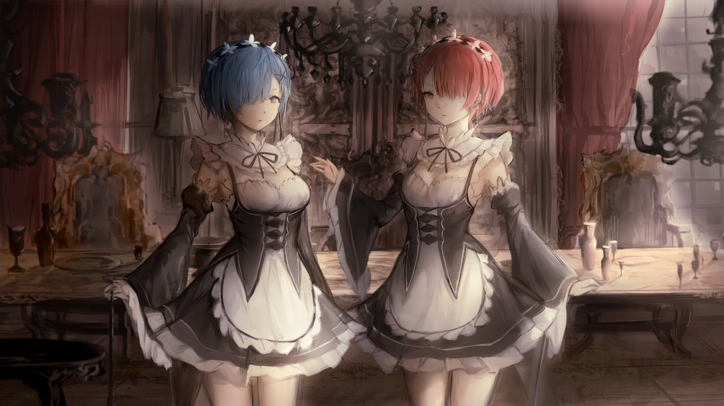 Hd Wallpaper - Anime Twin Sisters With Blue And Pink Hair , HD Wallpaper & Backgrounds