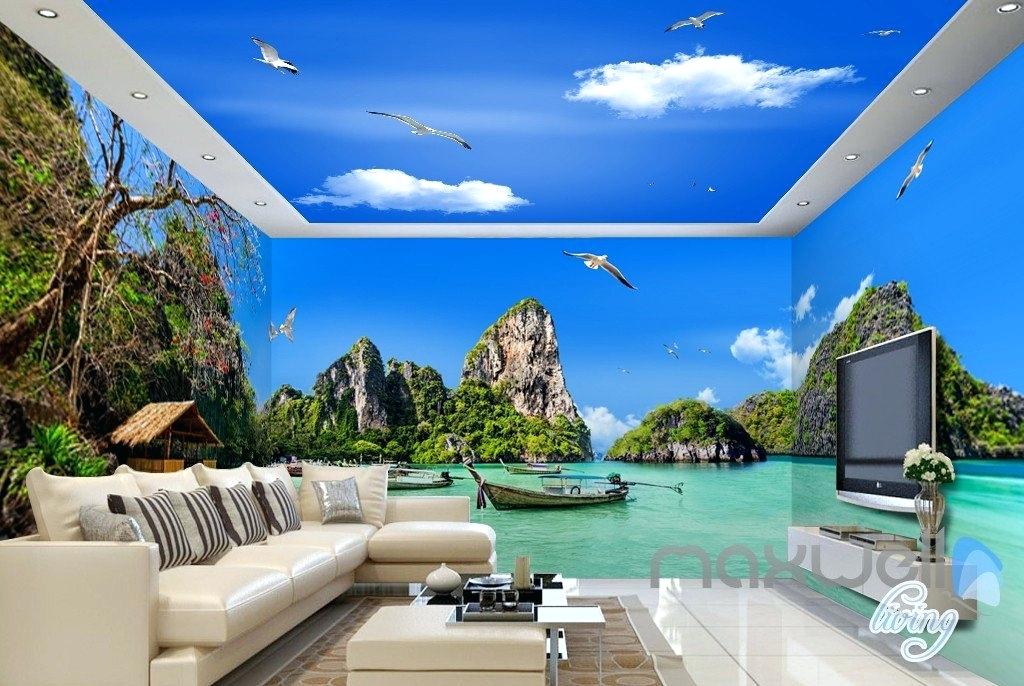 3d Tropical Island Boat Bay Entire Living Room Bedroom - Tropical Wall Mural , HD Wallpaper & Backgrounds