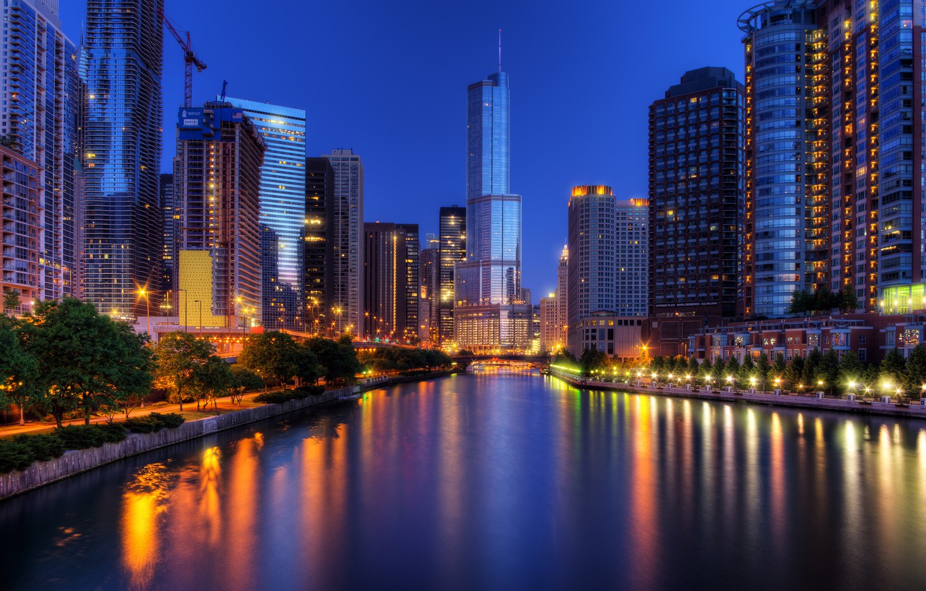 Photo Wallpaper Night, The City, Lights, Skyscrapers, - Hd Chicago Night Skyline , HD Wallpaper & Backgrounds