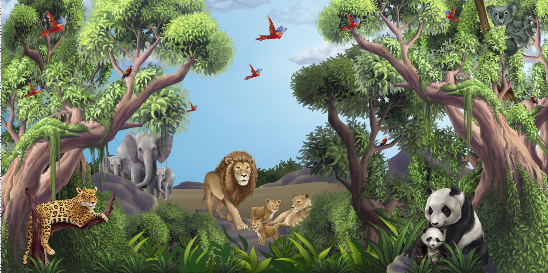 Jungle Animals Mural 2-kids Wallpaper Church Ministry - Jungle Murals For Kids Rooms , HD Wallpaper & Backgrounds