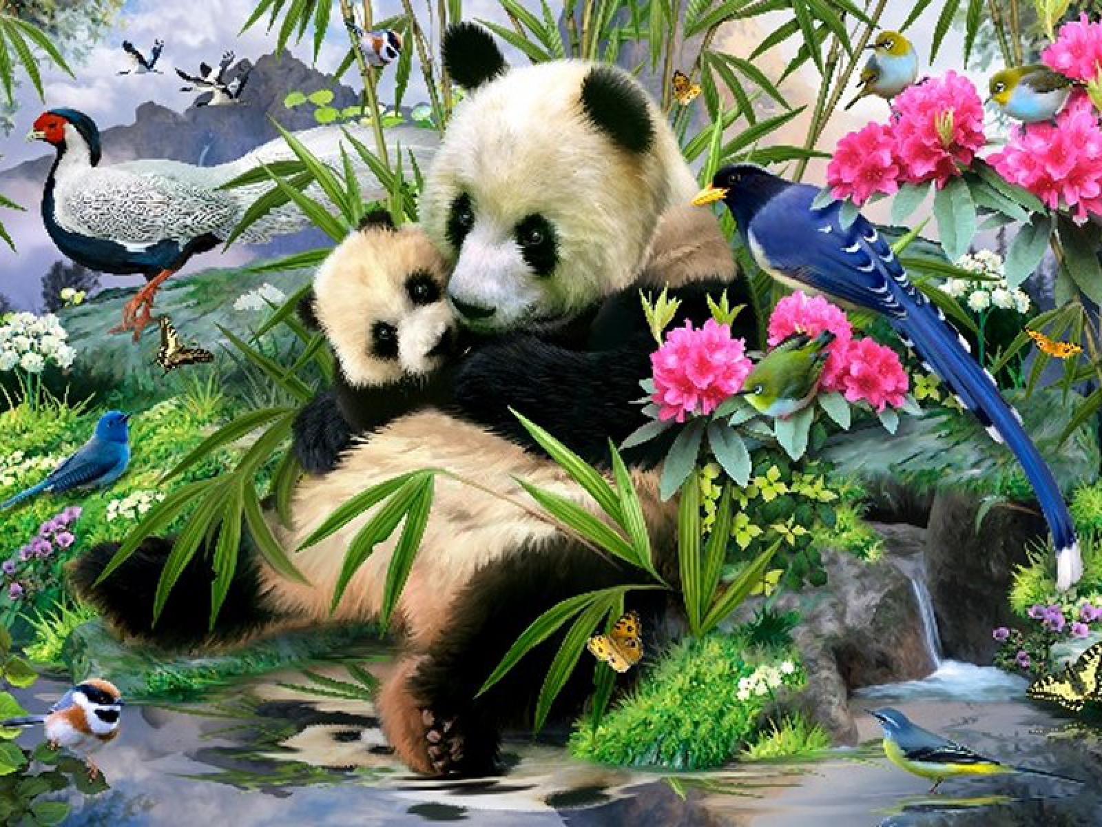 Jungle Animals Thirteen Desktop Pc And Mac Wallpaper - Panda Bear With Flowers , HD Wallpaper & Backgrounds