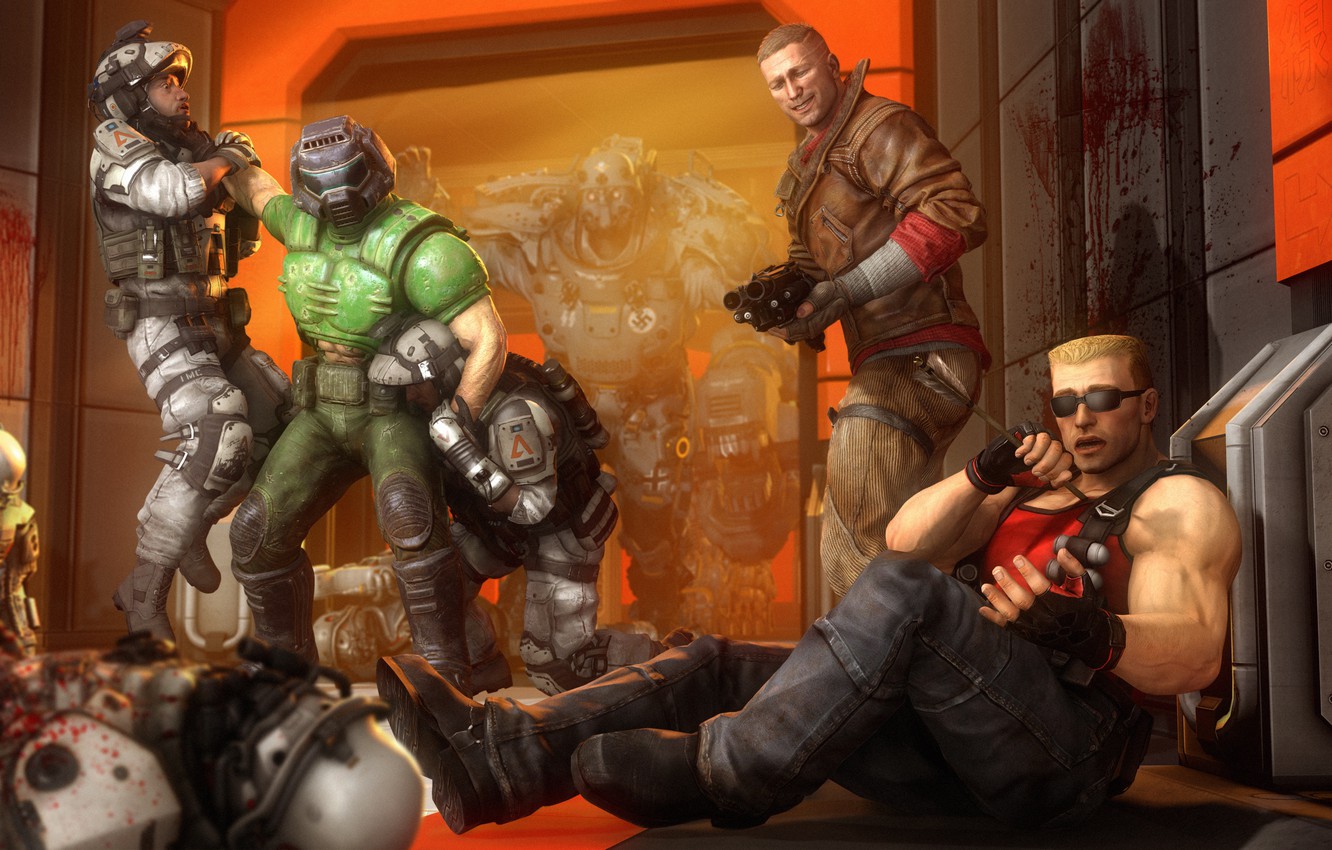 Photo Wallpaper By Nukem, Wolfenstein, Doom, Doomguy, - Doomguy Bj Blazkowicz Duke Nukem , HD Wallpaper & Backgrounds