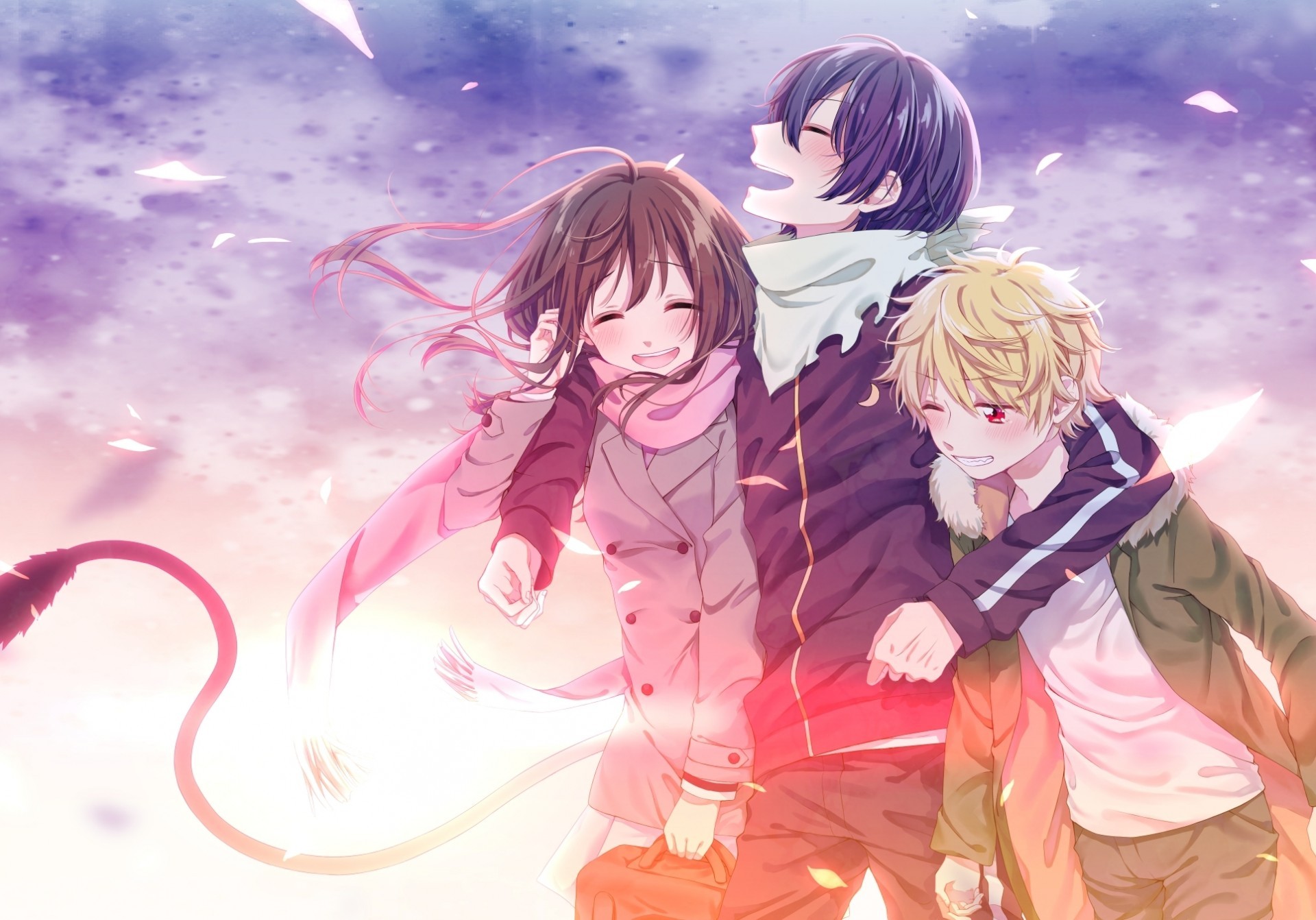 Noragami, Iki Hiyori, Yato, Yukine, Leaves, Happy Moments - Бездомный Бог На Обои , HD Wallpaper & Backgrounds