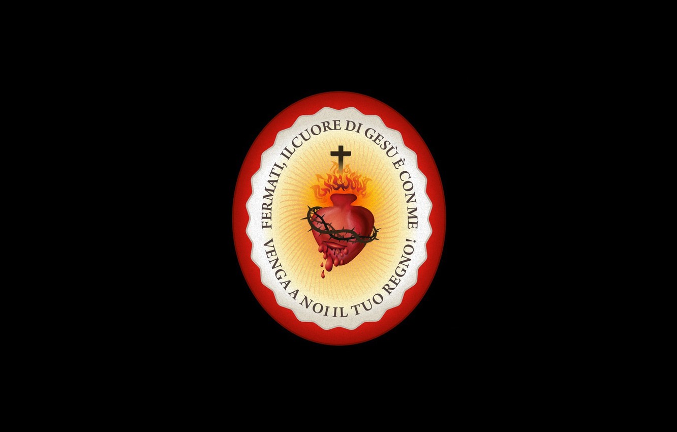 Photo Wallpaper Fire, Heart, Cross, Black Background, - Sacred Heart Of Jesus Black Background , HD Wallpaper & Backgrounds