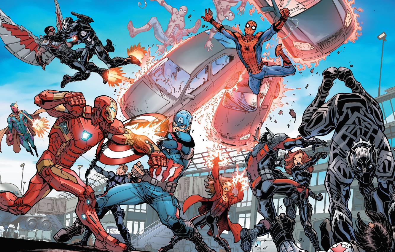 Photo Wallpaper Captain America, Spider Man, Iron Man, - Spider Man Comic Mcu , HD Wallpaper & Backgrounds