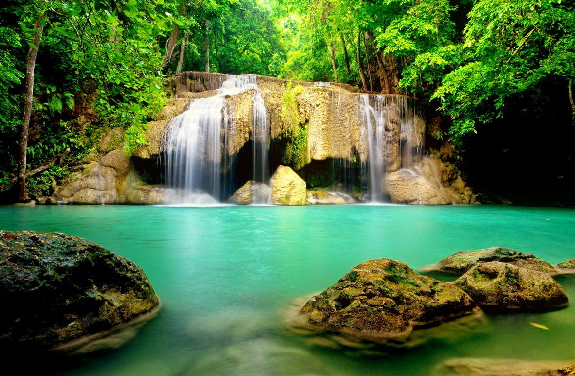 Serenity Rocks Beautiful Trees Greenery Fall Waterfall - Calm Waterfall Desktop Background , HD Wallpaper & Backgrounds