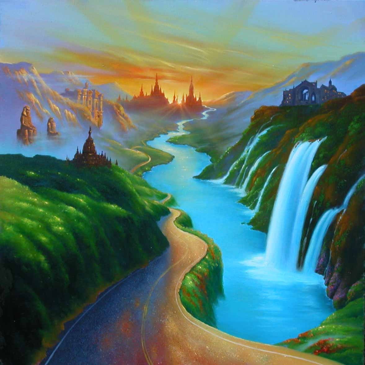 Jim Sunset Art Warren River Painting Waterfalls Waterfall - Waterfall Wallpaper Painting , HD Wallpaper & Backgrounds