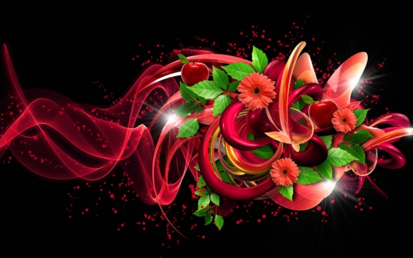 3d Apples Red Leaves Abstract Flowers Download Wallpapers, - Flower , HD Wallpaper & Backgrounds