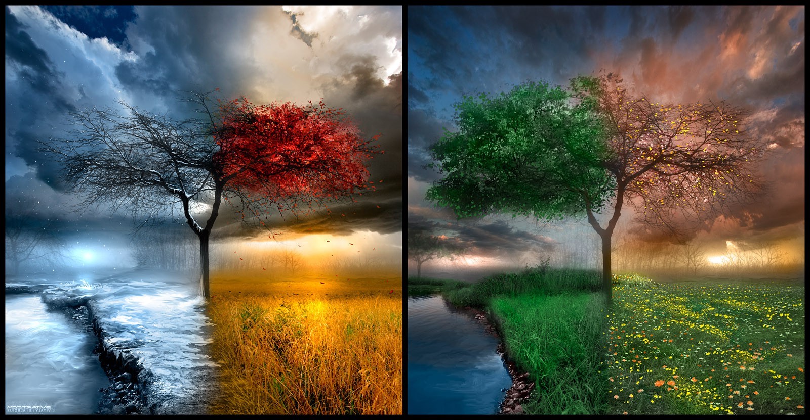 Landscape Trees Water Clouds Seasons Four Seasons Wallpaper - Sky In Different Seasons , HD Wallpaper & Backgrounds