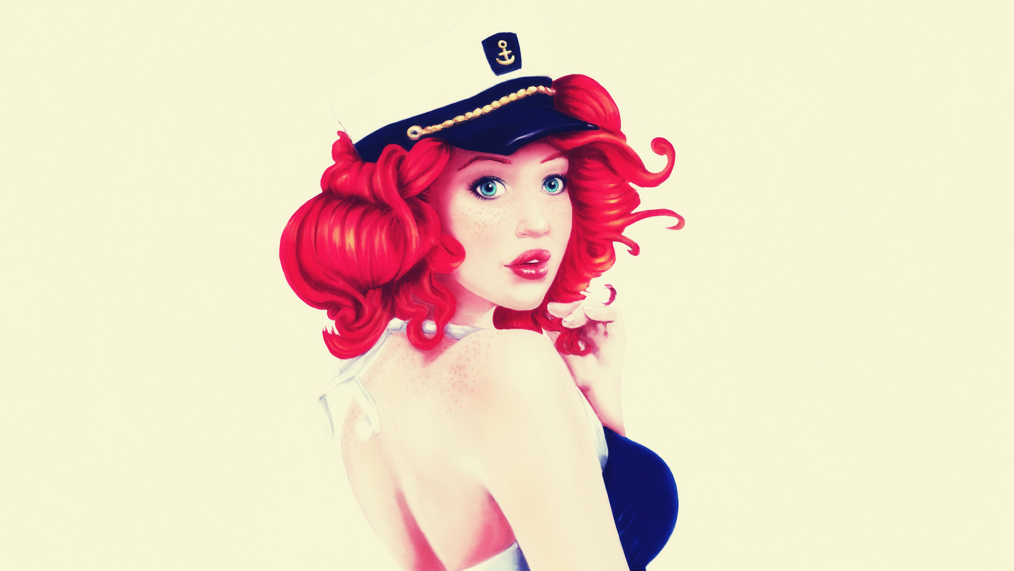 Pinup Models Redhead Simple Background Hat Artwork Blue Pin Up