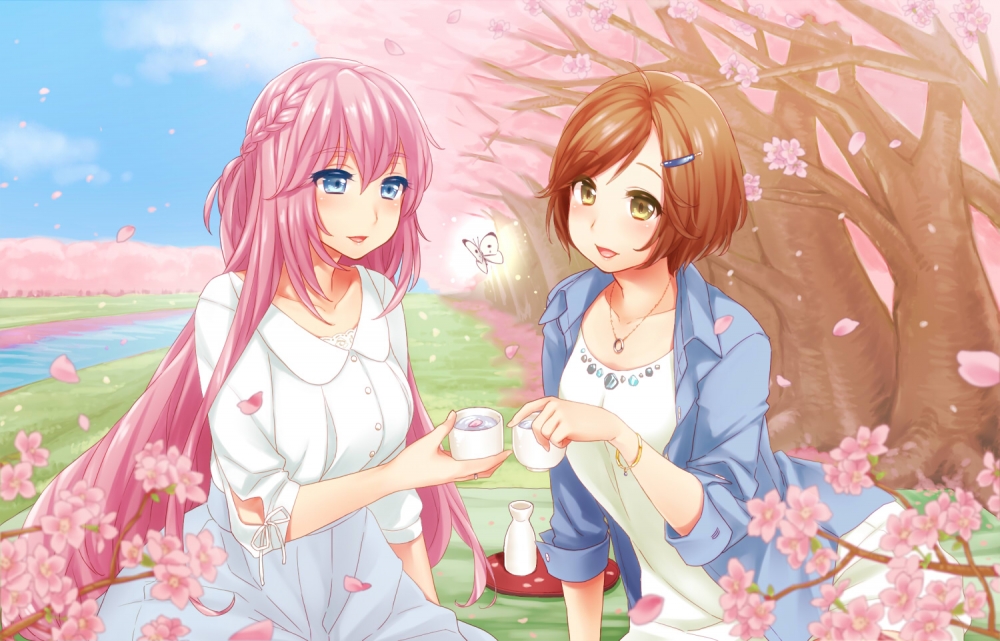 Wallpaper Anime Girls, Picnic, Sakura Tree, Butterfly, - Pink Butterfly Girl Anime , HD Wallpaper & Backgrounds
