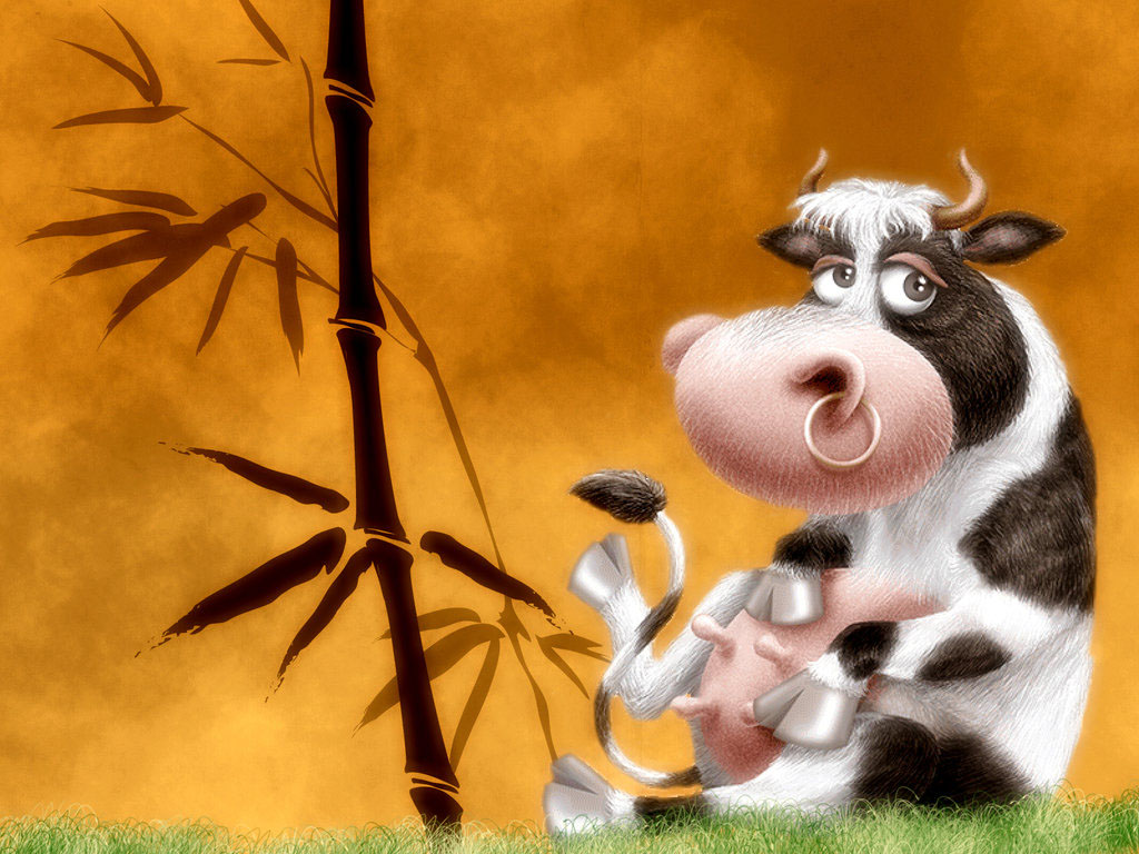 Cute Cartoon Cow - Bamboo Branches , HD Wallpaper & Backgrounds