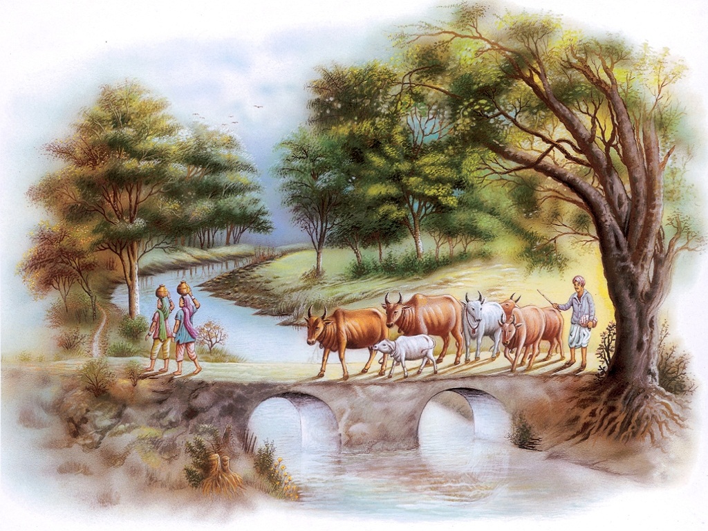 Drawn Cow Village - Indian Village , HD Wallpaper & Backgrounds