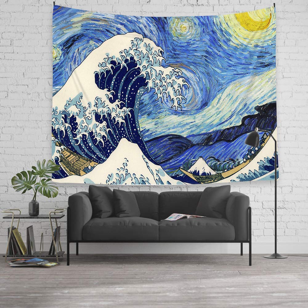 The Great Wave Off Kanagawa And Starry Night Hanging - Starry Night And The Great Wave Tapestry , HD Wallpaper & Backgrounds