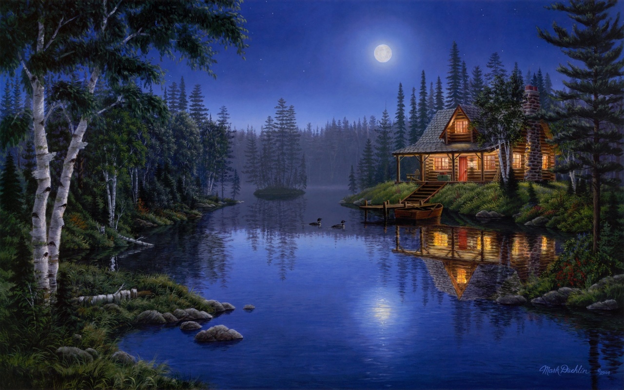 Moonlit Lake House - Cabañas En El Bosque Con Lago , HD Wallpaper & Backgrounds