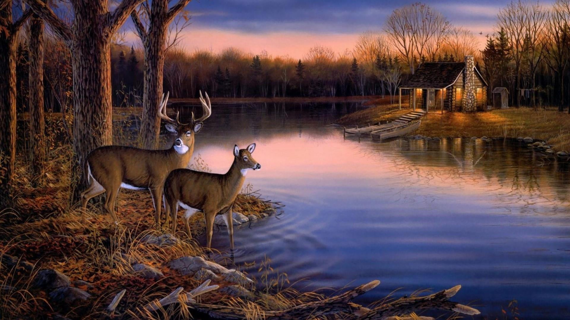 Painting, Art, Wildlife, Lake, House, Lakeside, Forest, - Oil Painting Sunset Forest , HD Wallpaper & Backgrounds