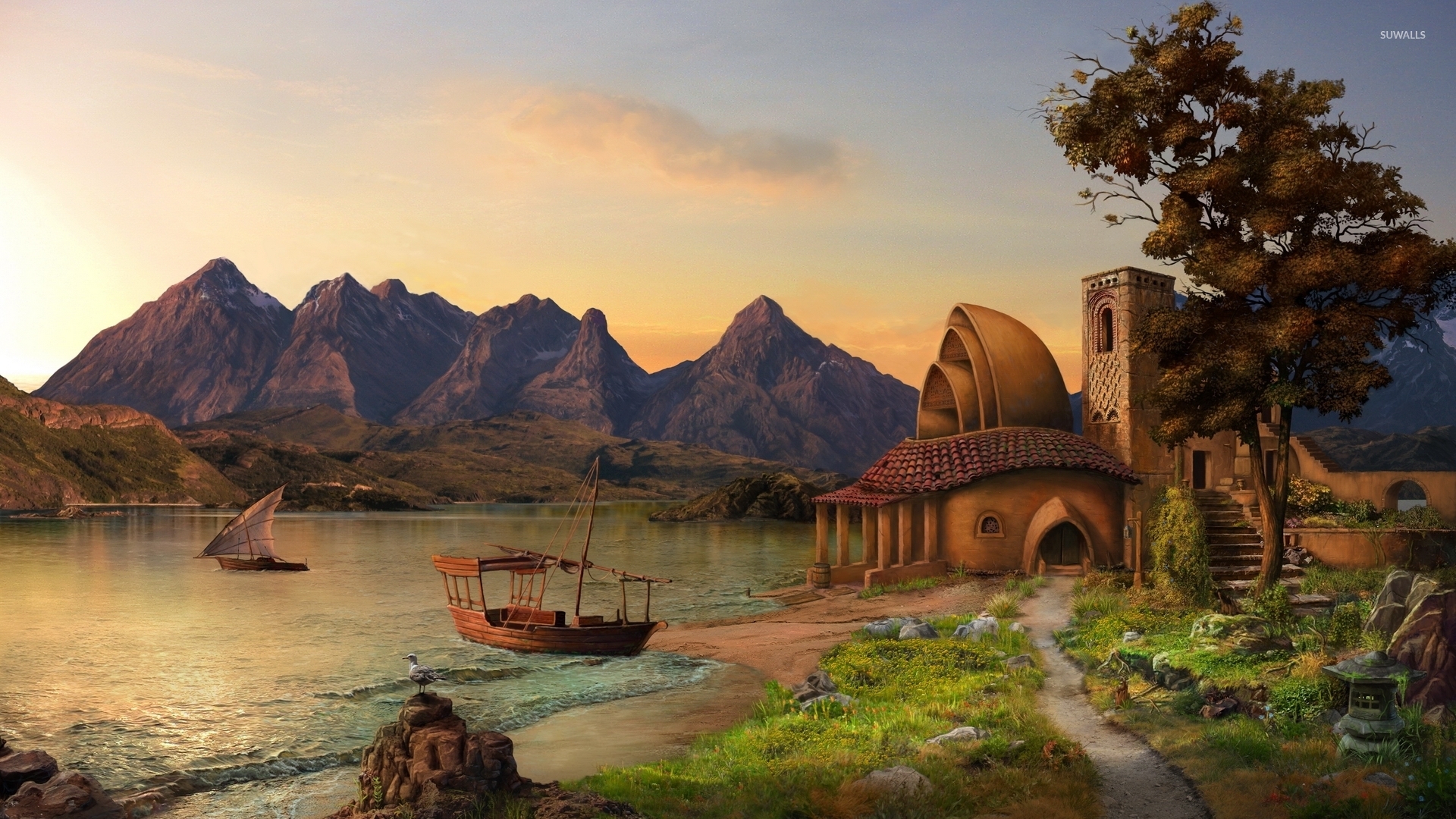 House To The Mountain Lake Wallpaper - Painting , HD Wallpaper & Backgrounds