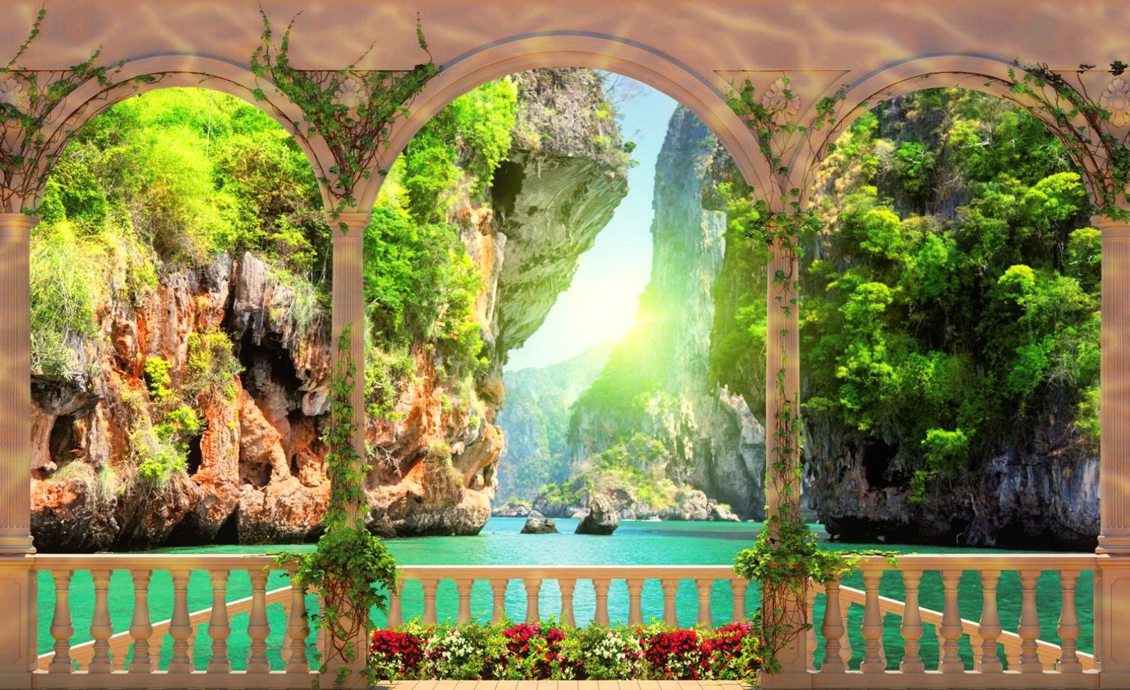 Beautiful Summer Sunshine Lake View Rocks Waterfall - 3d Wallpaper For Restaurant , HD Wallpaper & Backgrounds