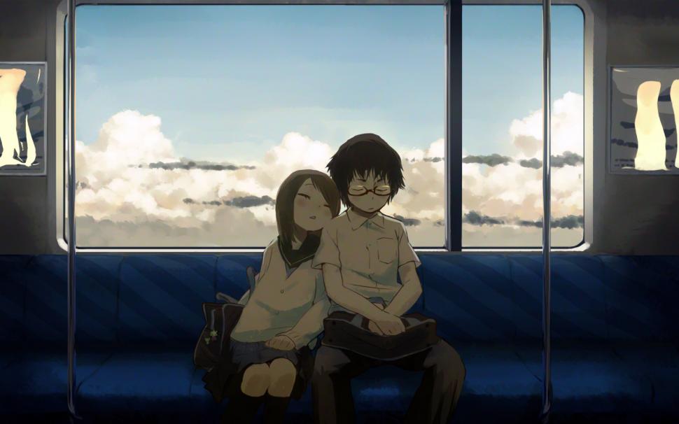Anime Sleep Couple Hd Wallpaper - Japanese Train Inside Anime , HD Wallpaper & Backgrounds