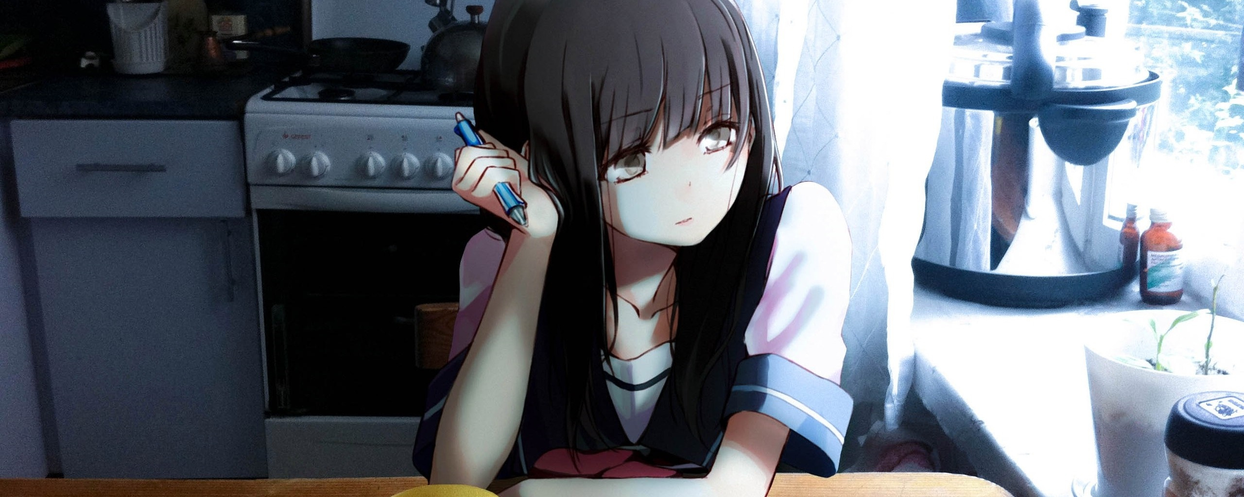 Kitchen, Anime Girl, Thinking, Wallpaper - Anime Thinking Girl , HD Wallpaper & Backgrounds